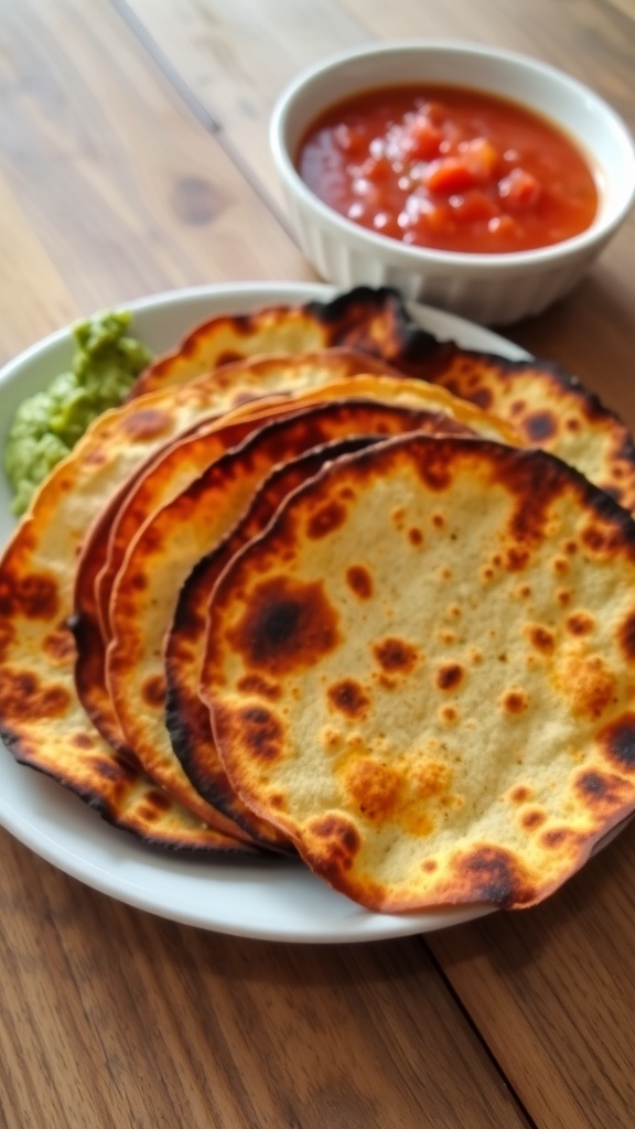 Crispy burnt tortillas on a plate with guacamole and salsa in the background.